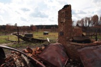 На участках местами остались остатки сгоревших домов, в основном печные трубы