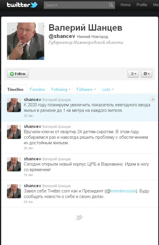 Руководству сервиса микроблогов Twitter направлен запрос об удалении фальшивого аккаунта губернатора Нижегородской области Валерия Шанцева
