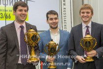 Победители Суперфинала чемпионата России-2013 по шахматам среди мужчин: Петр Свидлер, Ян Непомнящий, Никита Витюгов