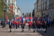 Шествие Первомайской колонны по улице Большая Покровская в Нижнем Новгороде